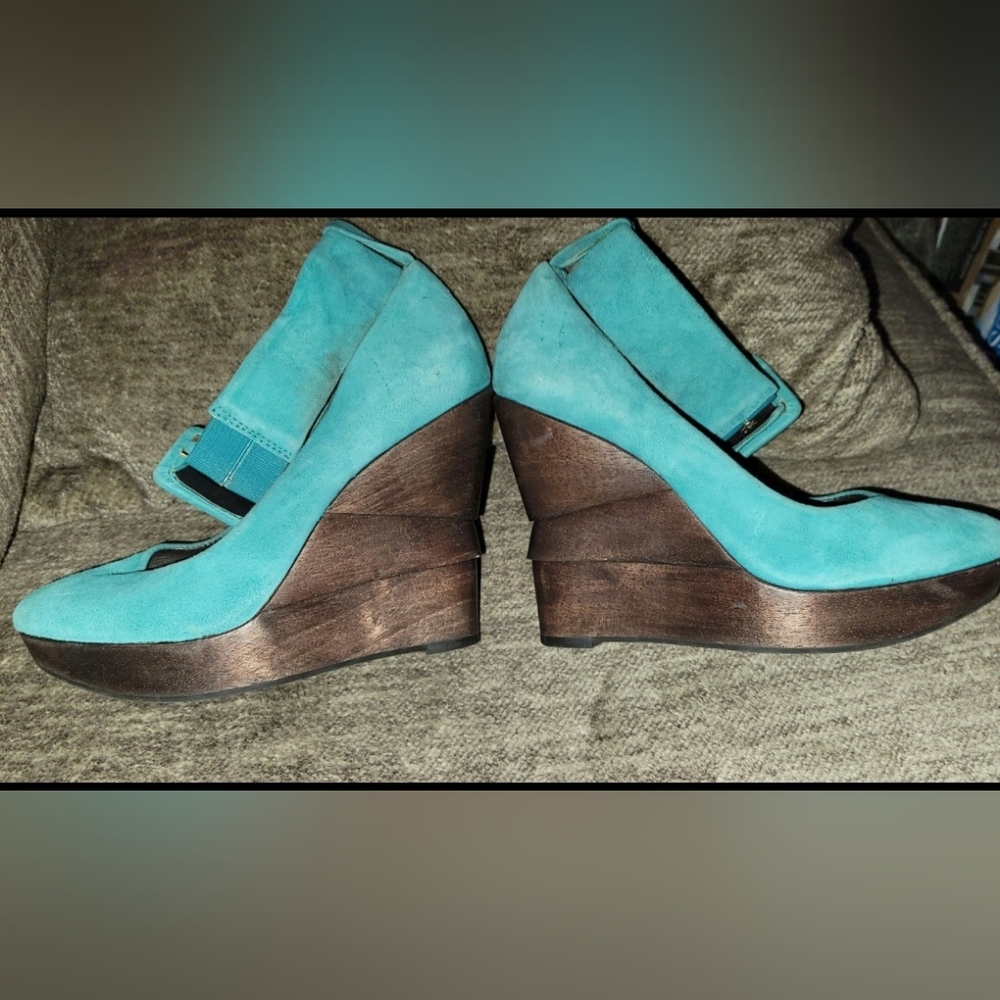 Diane Von Furstenberg Teal Suede Wedge Heels Sz 7 - Picture 3 of 9
